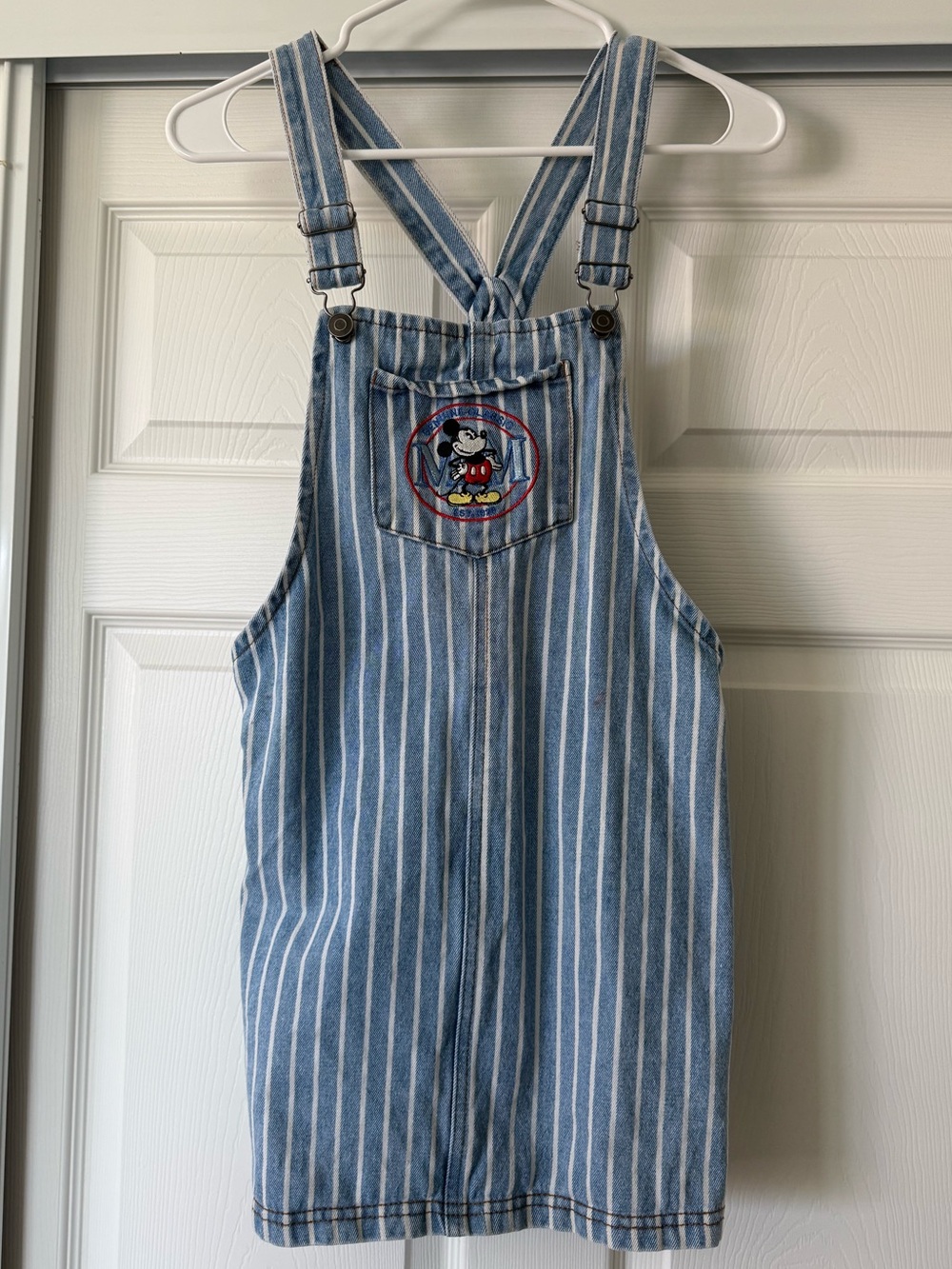Striped Blue & White Denim Kids Overalls Dress with Character Patch